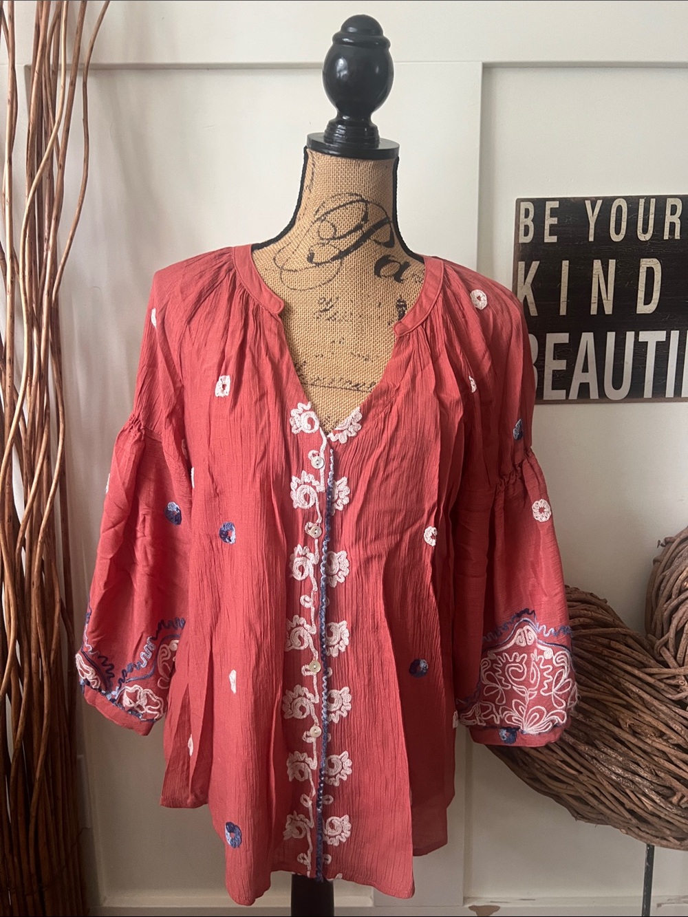 Boho Embroidered Rust Peasant Tunic Top
